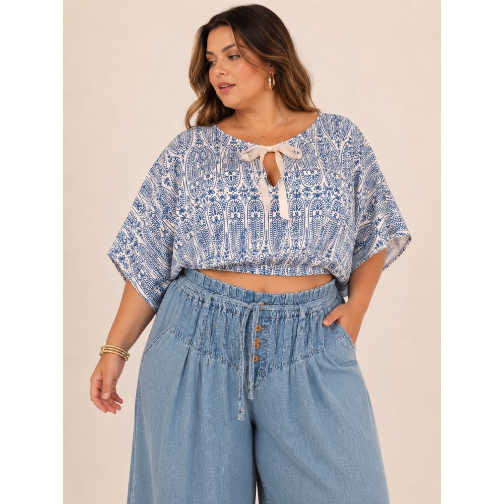 Boho Blue and White Paisley Crop top plus size with Ribbon Tie Back XXL